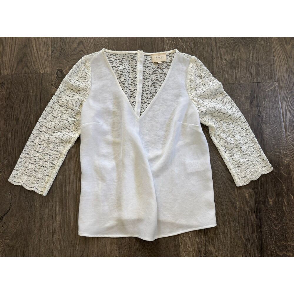Sézane White Lace Pearl Button Back V-Neck Blouse Top Shirt 3/4 Sleeve 36 / 4 S
